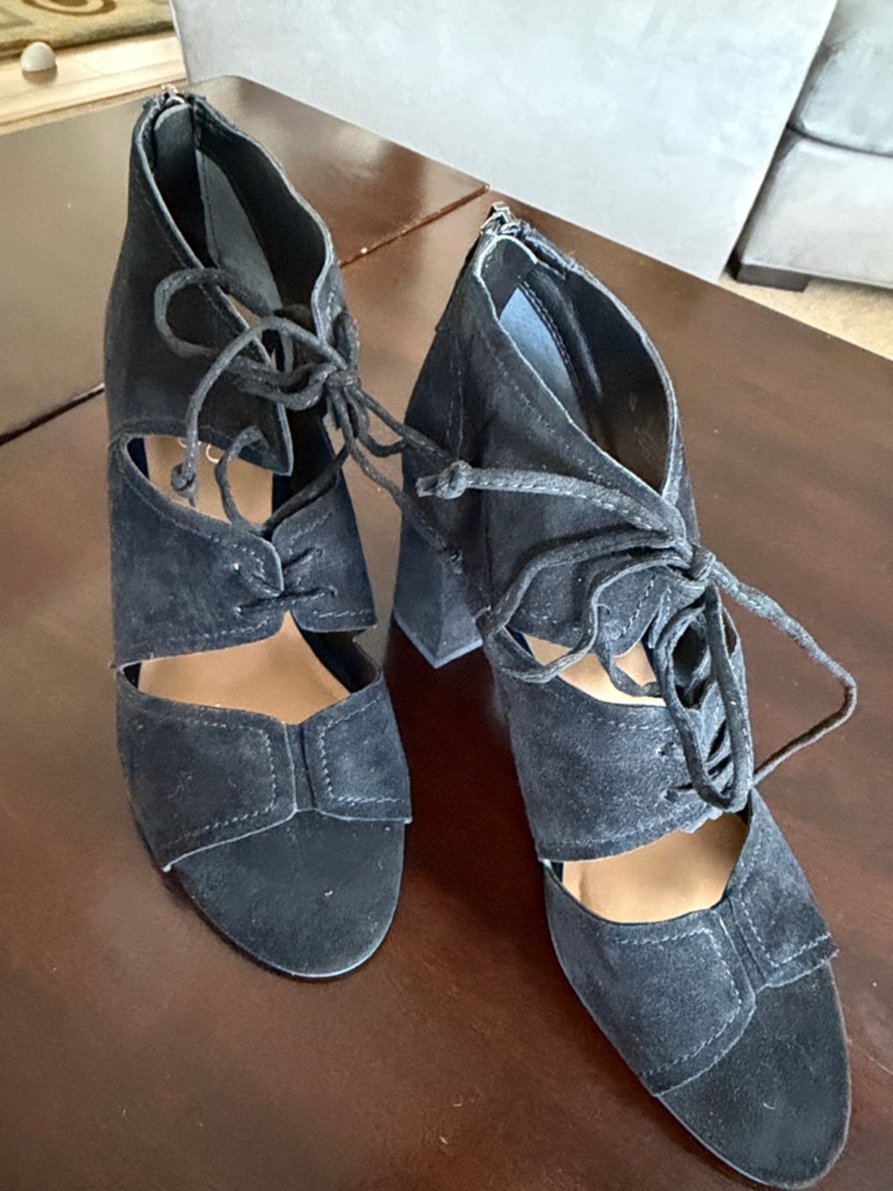 Franco Sarto Black Leaster Real Suede Lace-Up Block Heel Sandals NEW